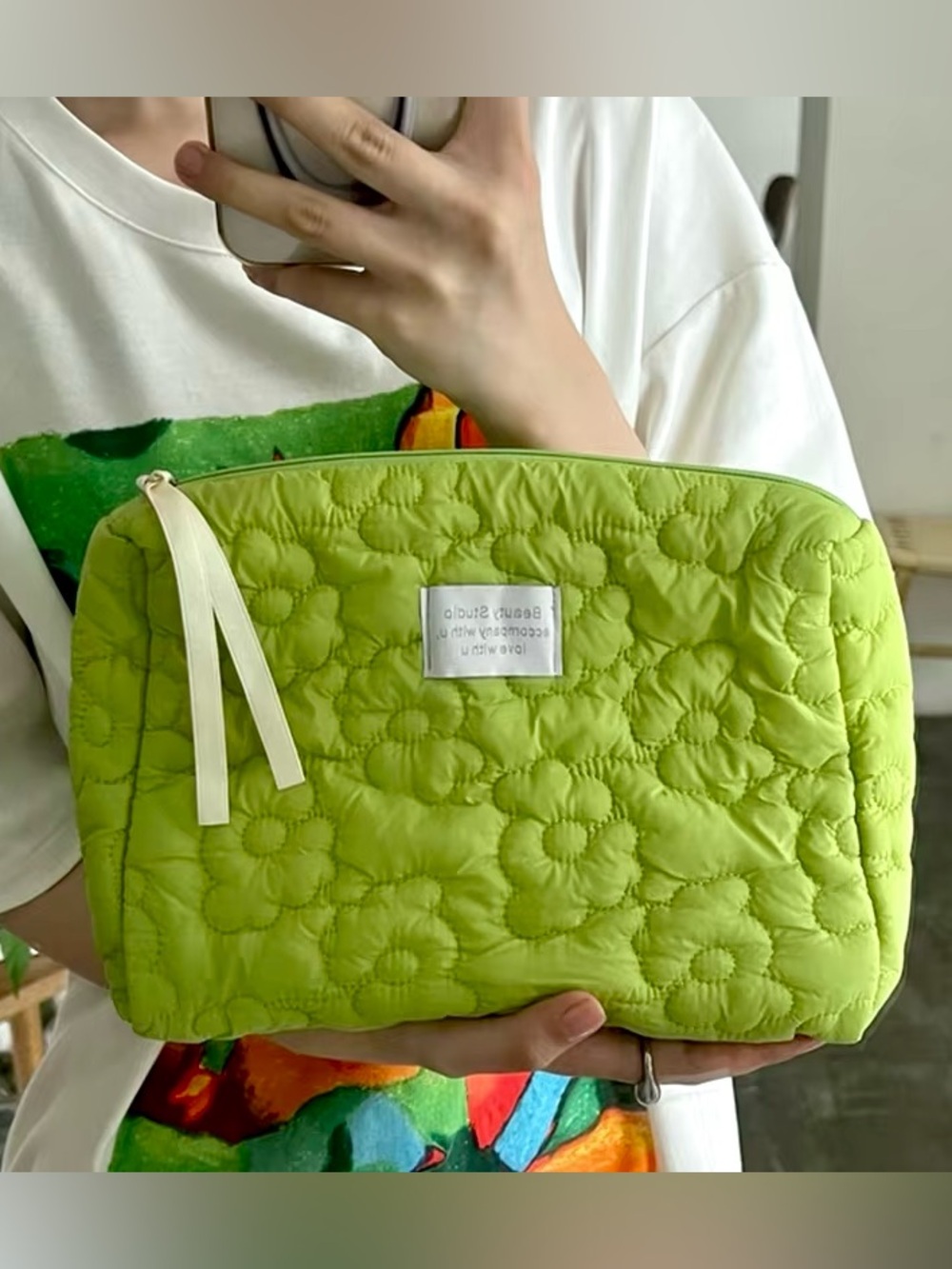 Large Green Quilted Pink Floral Women’s Makeup Toiletries Cosmetic Organizer Bag